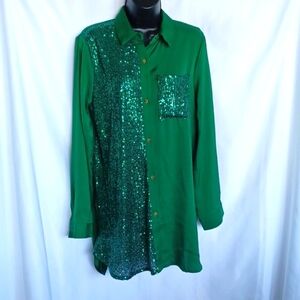 Dress Day long Sleeve dress/ sequin top, Green, Sz M, 20" PTP, 32" L